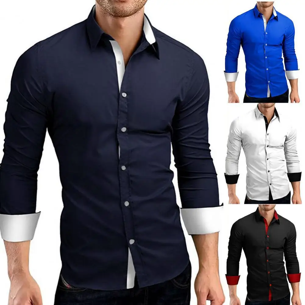 Men Shirt Contrast Color Single-breasted Turn-down Collar Bright Spring Shirt for Work