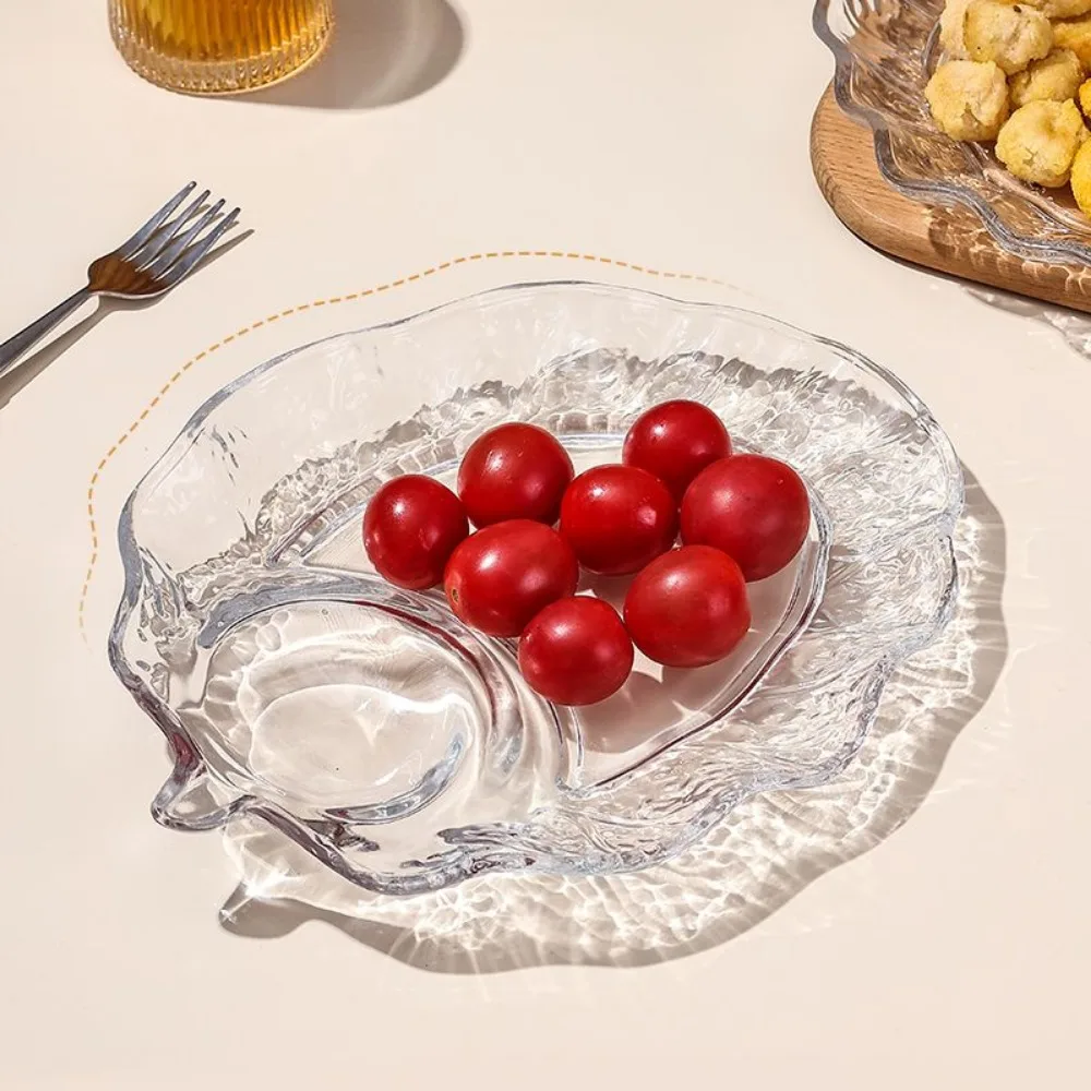 Grid Leaf Glass Dumpling Plate,Creative Fruit Sushi Fries Dish with Vinegar Household Dumpling Plates Unique Transparent Trays 4