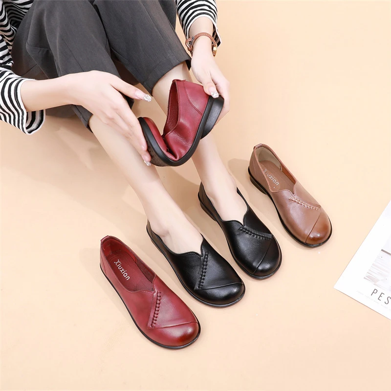 Slip On Shoes For Women Leather Sneakers Ladies Leather Moccasins Women's Loafers Autumn Ballet Flats Woman Shoes Black Loafer