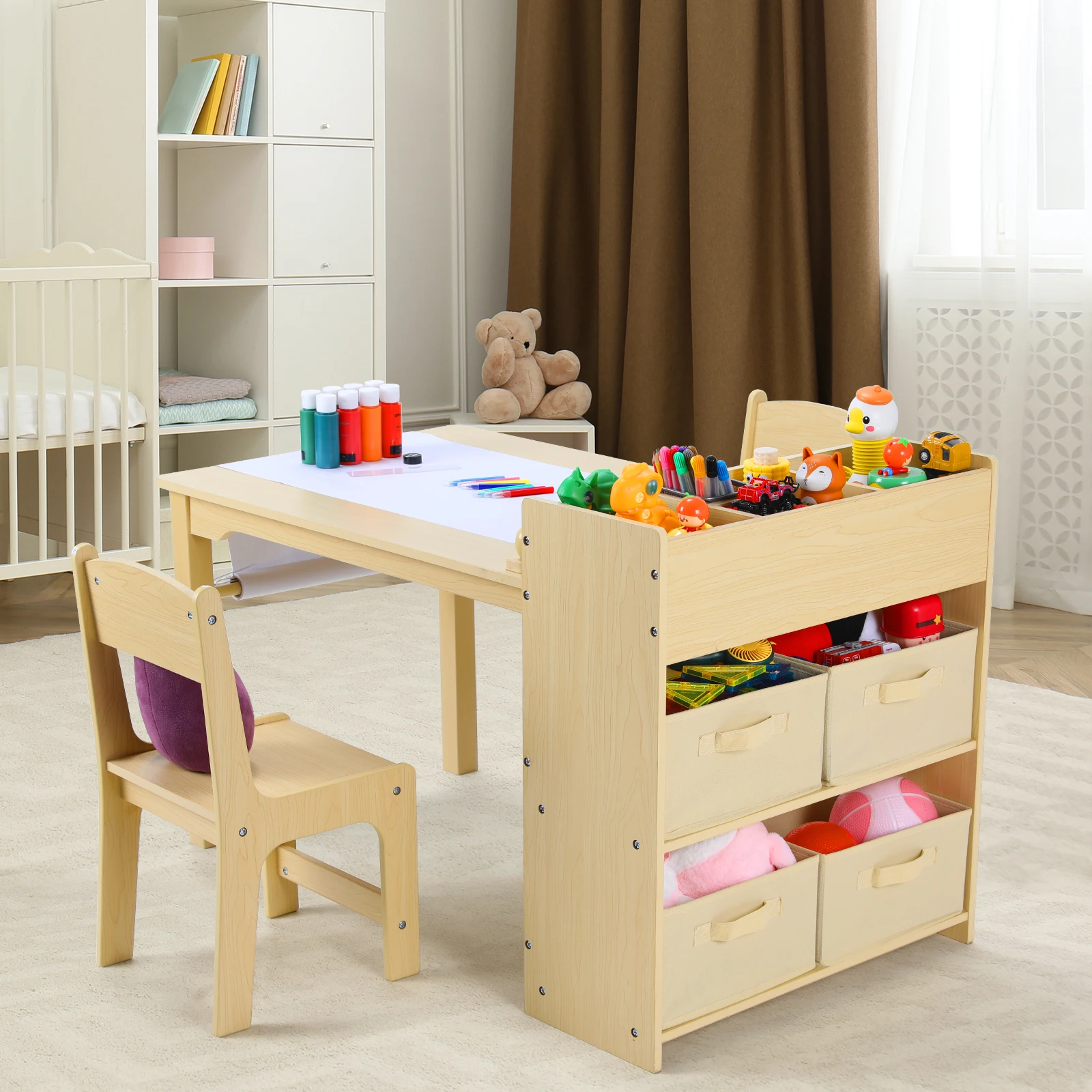 AOOU Kids Art Table and 2 Chairs, Toddler Craft Drawing Desk with Large Storage Shelves, 4 Storage Bins and Paper Roll 3