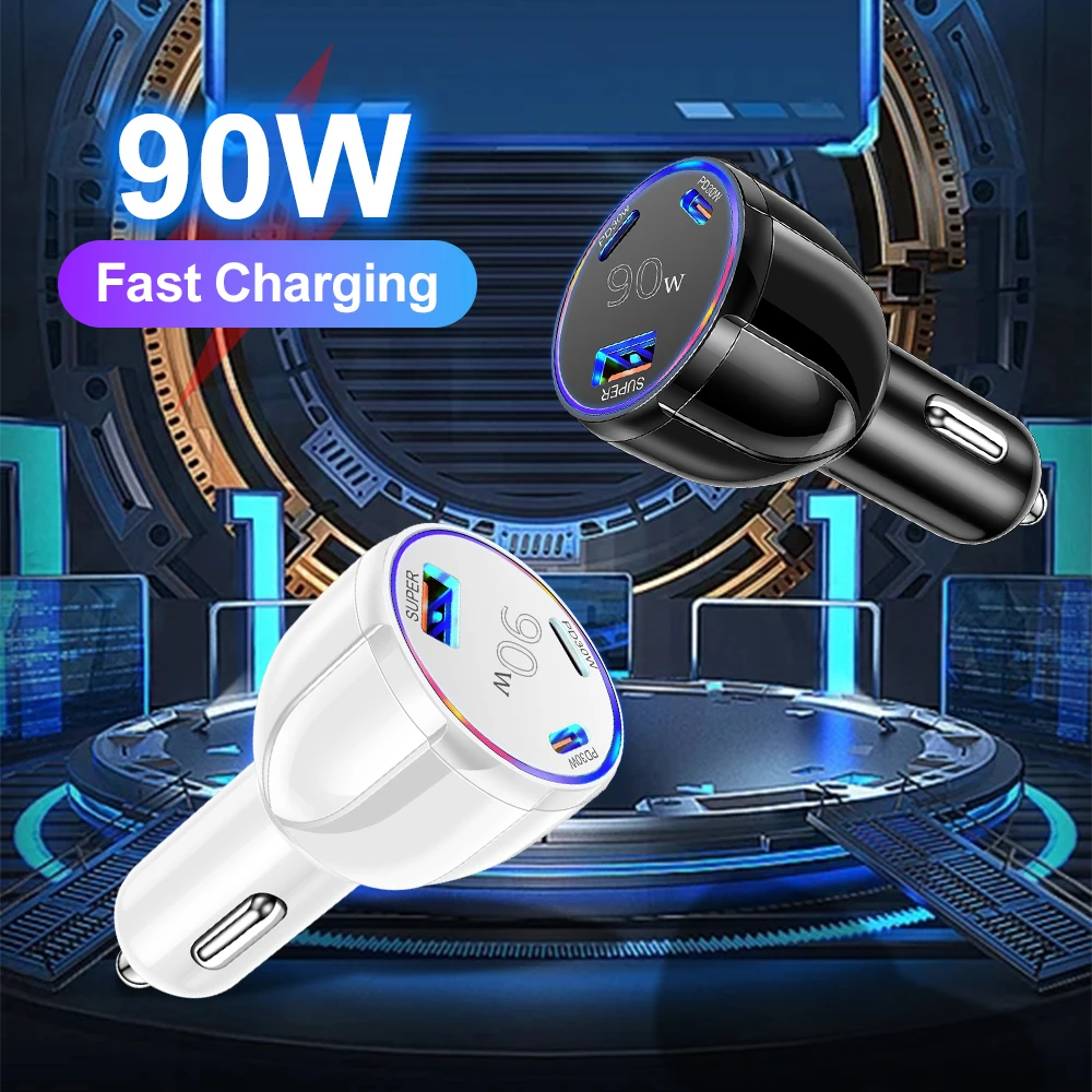 3 Port 90W USB+2PD Car Chargers USB Fast Charging Car Phone Adapter for IPhone Xiaomi Samsung Car Adapter