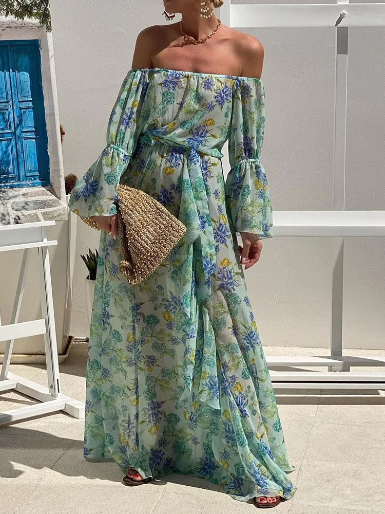 

Ruffles Patchwork Flare Sleeve Maxi Dress, Women Spring Summer Slash Neck Simple Party Dress, New Sweet Beach Style Ladies Dress