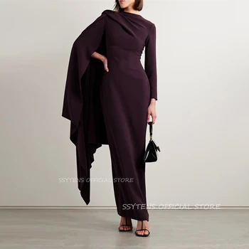 Purple Crepe Long Sleeve Cape Evening Dress Customized Special Occasion Formal Dress Wedding Party Gown Saudi Evening Dress 2025