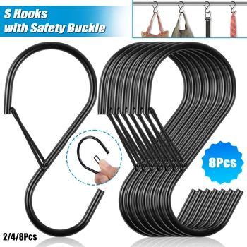 2/4/8Pcs 4Inch S Hooks for Hanging with Safety Buckle Heavy Duty S Hooks Large Metal S Hooks for Hanging Plants Jeans Pots Bags