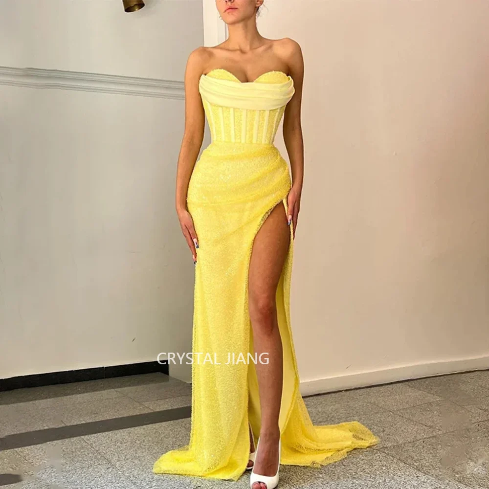 

Classy Long Yellow Evening Dresses Sweetheart Glitter Chiffon Sleeveless with Slit A Line Sweep Train Robes De Soirée