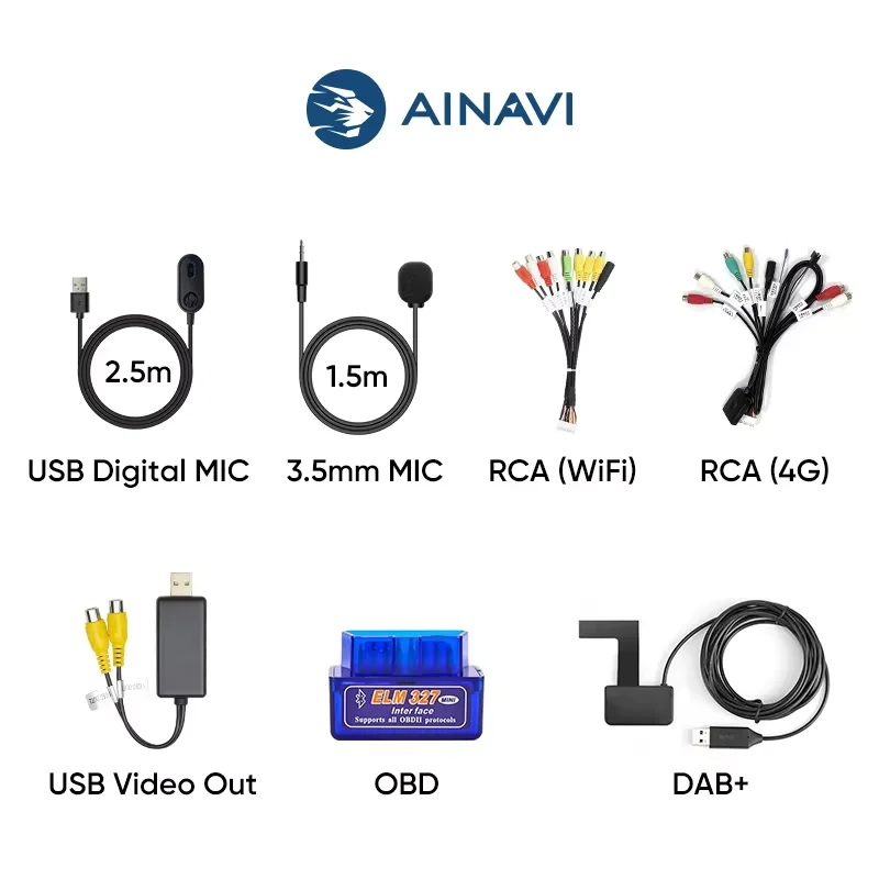 Ainavi 자동차 라디오용 액세서리 멀티미디어 USB 디지털 마이크 3.5mm 외부 마이크 Wifi 4G RCA OBD DAB+