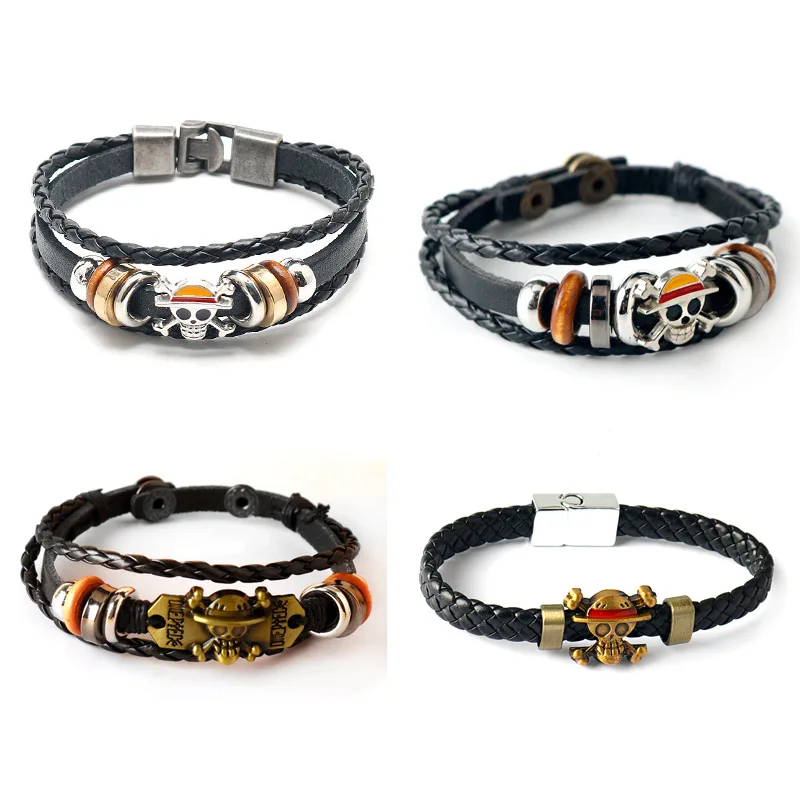 

One Piece Charm Bracelet For Men Women Japan Anime Wooden Beads Multilayer Leather Rope Bracelet Punk Wrap Wristband Jewelry