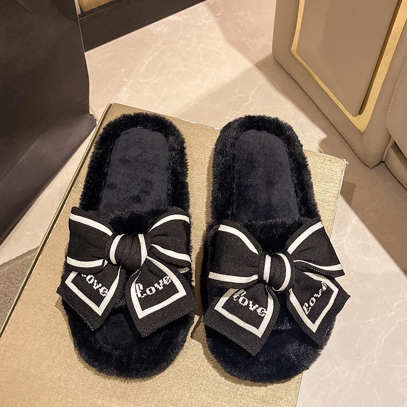 Women's Fuzzy Winter House Slippers With Bow Platform_voghion.com