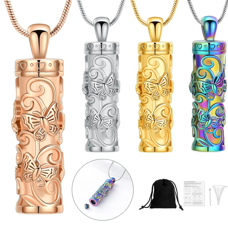 Customize Cremation Urn Cremation Cylinder With Butterfly Pendant Necklace For Human/Pet Ashes Stainless Steel Memorial