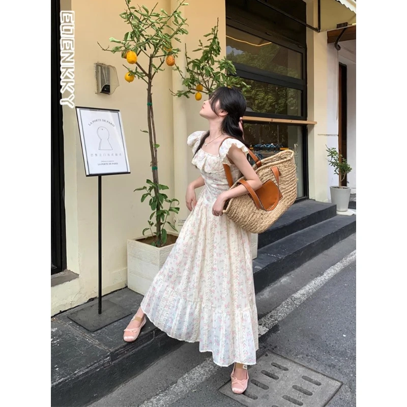 

Floral Embroidery Square Neck Dress Women Summer Korean Flying Sleeve Slim Dresses Female Sweet Chic Holiday Long Dress 2024 New