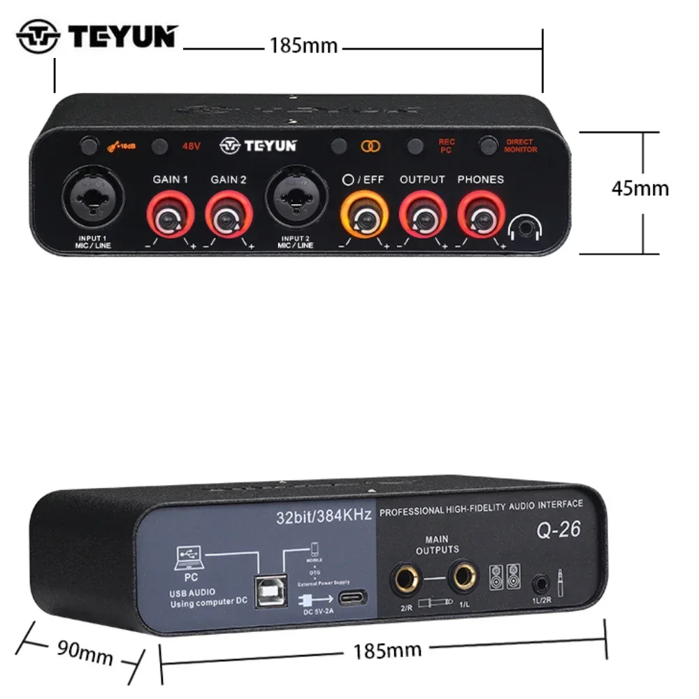 TEYUN 전문 휴대용 오디오 인터페이스 사운드 카드 콘솔, 기타 녹음 스튜디오용 미니 USB 믹서, Q26, Q24, Q22, 2 채널