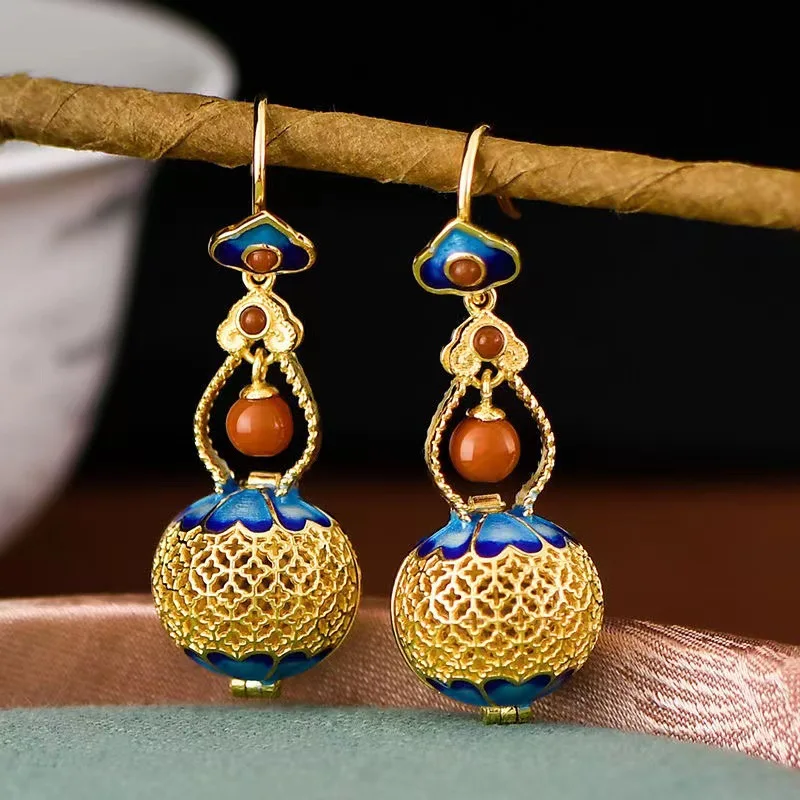 Chinese Style Vintage Copper Gilding Gourd Filigree Enamel Craftsmanship Hook Earrings for Women Party Cheongsam Girlfriend Gift