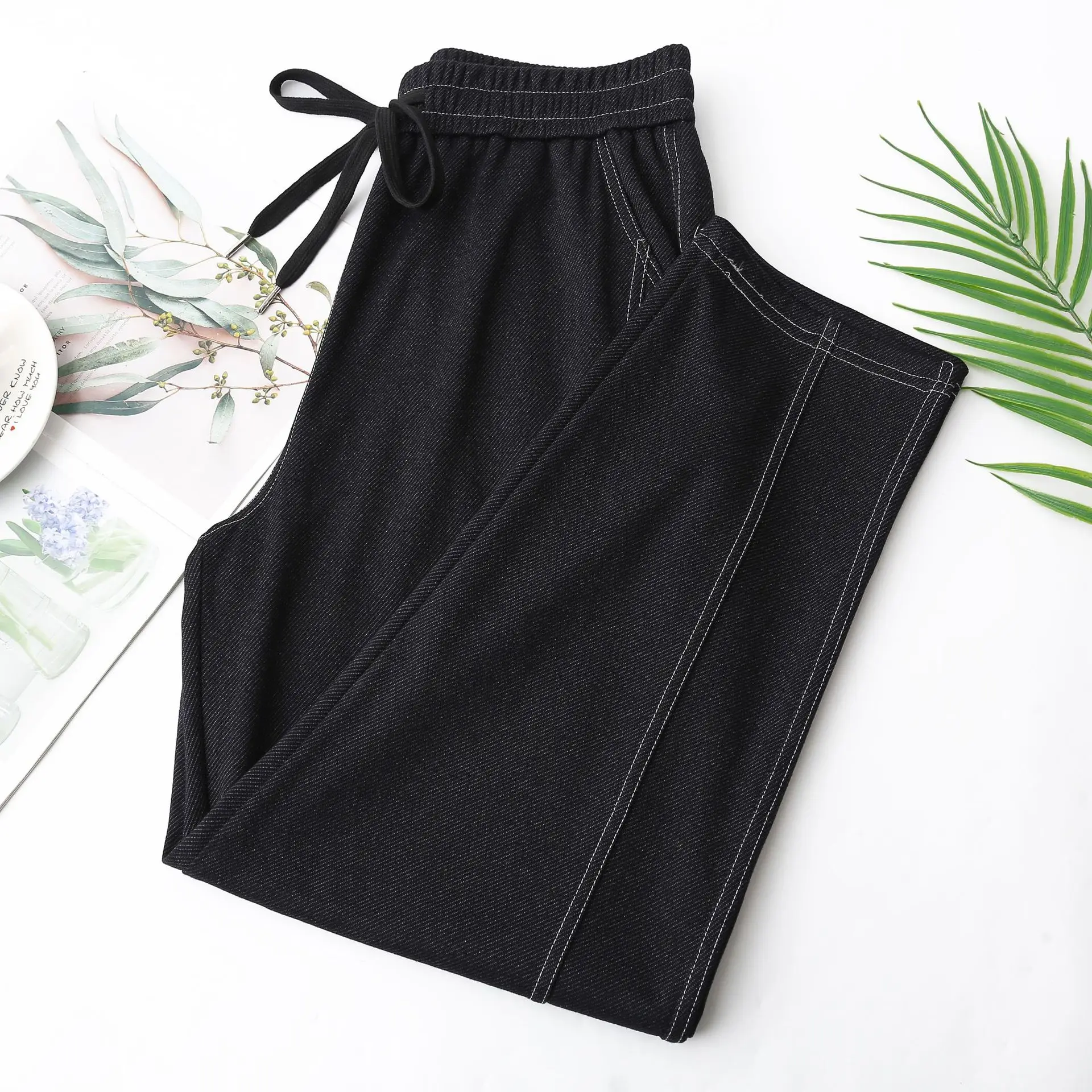 Fashion Plus Size Women's Jeans New Autumn Style For Casual Bright Line Drawstring Waist Harem Pants 25008