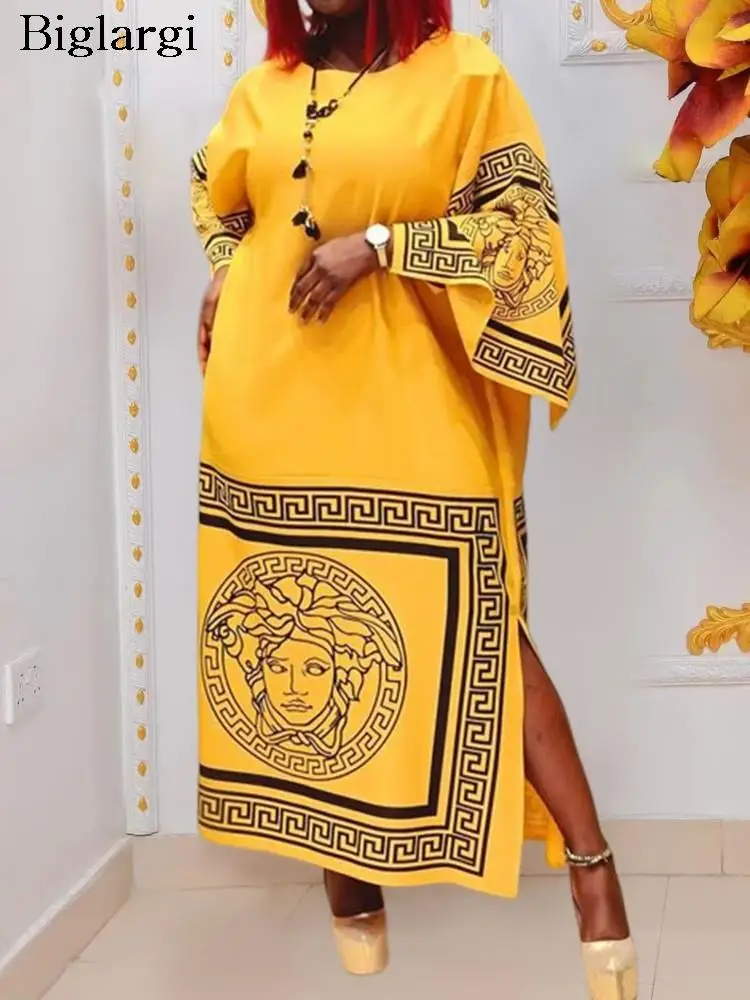 

Plus Size Autumn Midi Dress Women Striped Graffiti Print Fashion Split Ladies Dresses Casual Loose Long Sleeve Woman Dress 2023