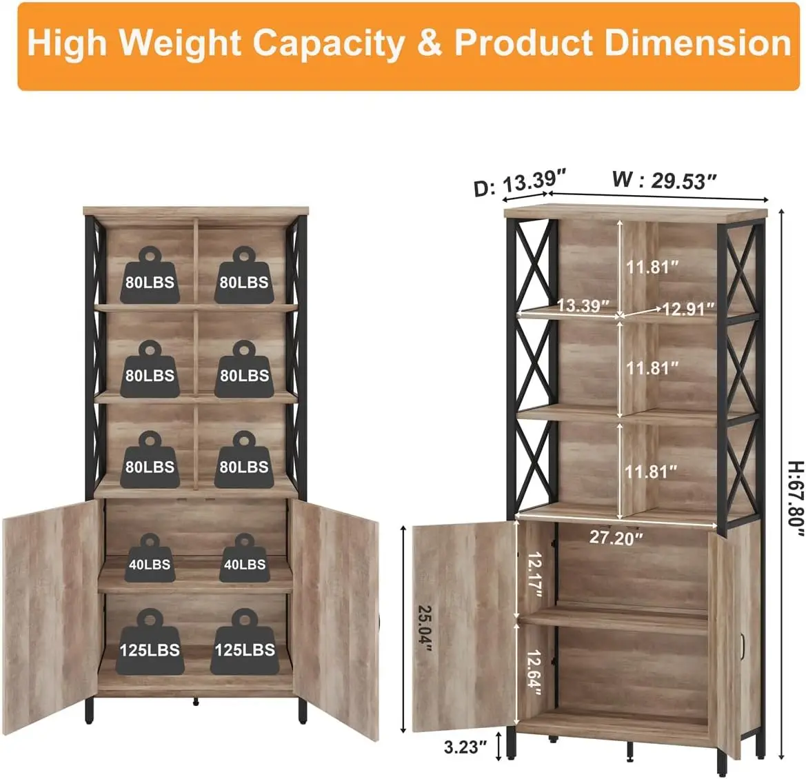 Rustic Tall Bookshelf with Doors, Industrial Farmhouse Bookcase with Storage, 6 Cube Storage Organizer Book Shelf
