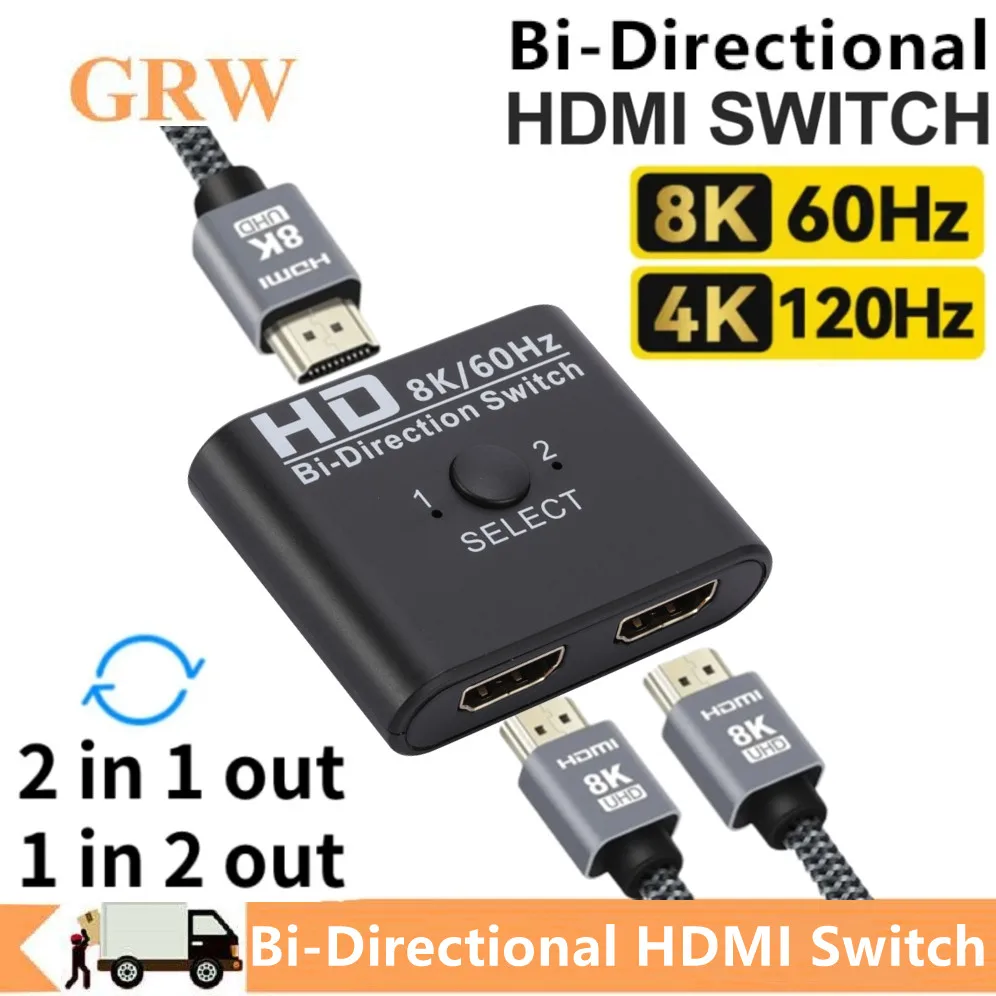 HDMI 호환 스위치 분배기, PS4 TV 박스 스위처 어댑터용, 8K 60Hz, 양방향 1x2, 2x1 HDMI 호환 스위처, 2 in 1 Out 