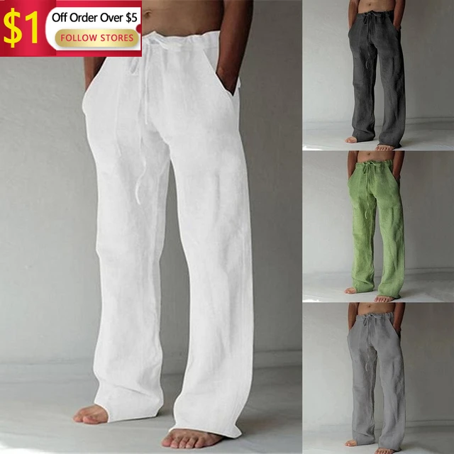 Yihaojia Men Pants Men Linen Pants Casual Loose Fit Solid Color Elastic  India | Ubuy