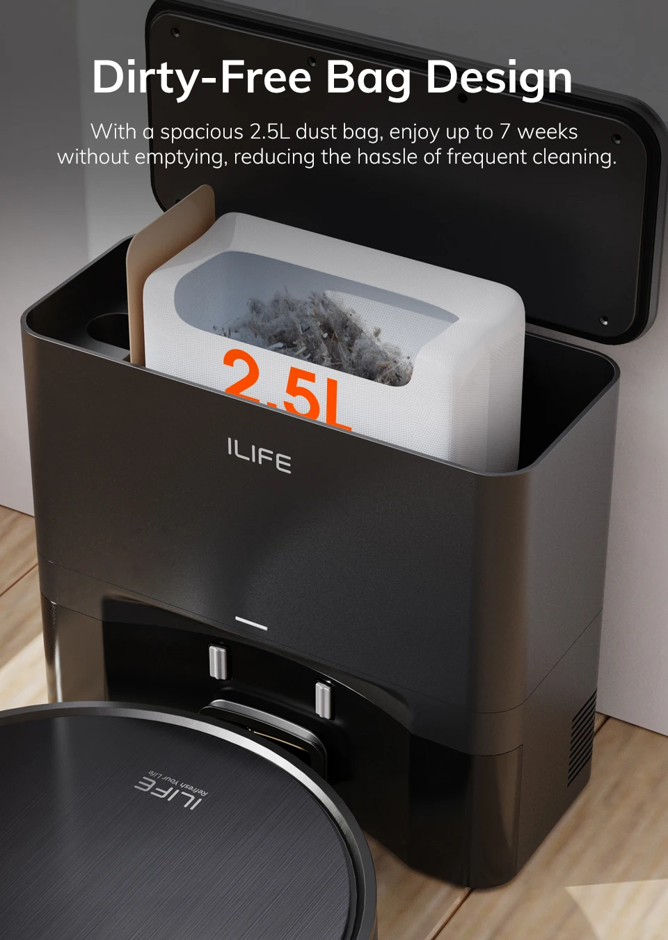 Description Picture 5 of itemILIFE V9/V9Pro Robot Vacuum, Self-Emptying, 3000Pa Strong Suction, Gyro Navigation, Schedule, App/Alexa Control, for Pet Hair