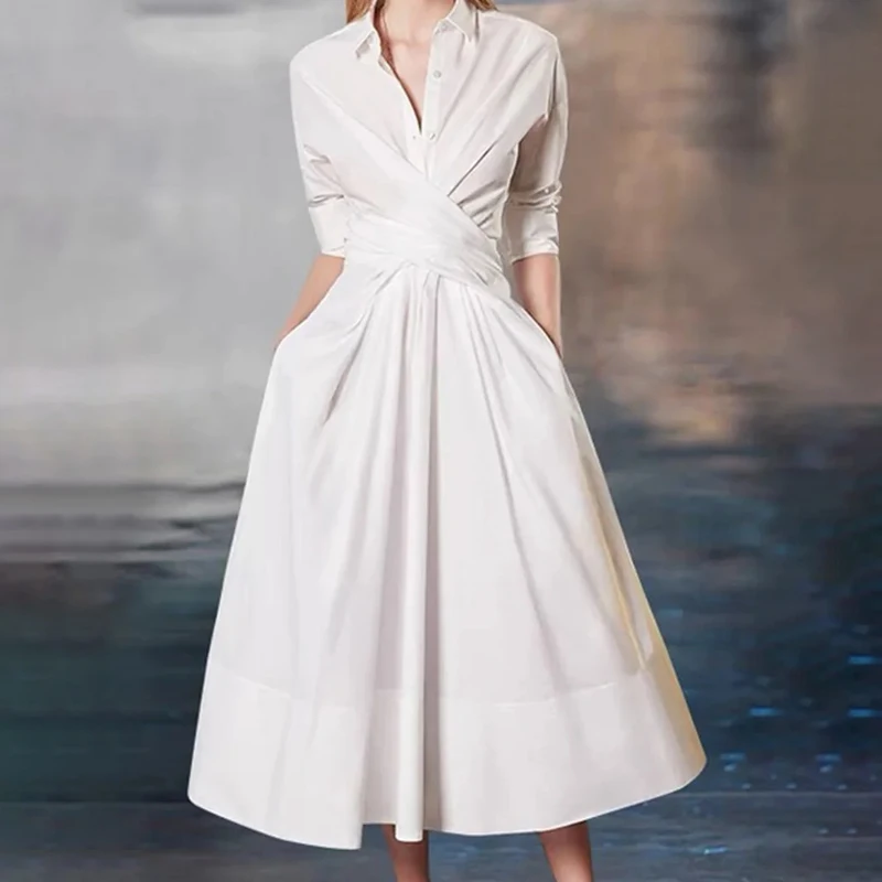 2023 Autumn New Popular Women's Casual Shirts POLO Collar Temperament Commuter Solid Blue Pink White Color Dress S~2XL Clothing