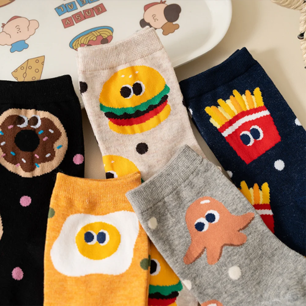 5 Pairs Cute Cartoon Food Cotton Socks - Fun Personality Korean Style Socks