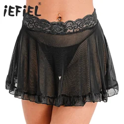 Womens Lace Mini Skirt See-through Mesh Frilly A-line Skirt Cover Ups Beachwear Solid Color High Waist Miniskirt with G-string
