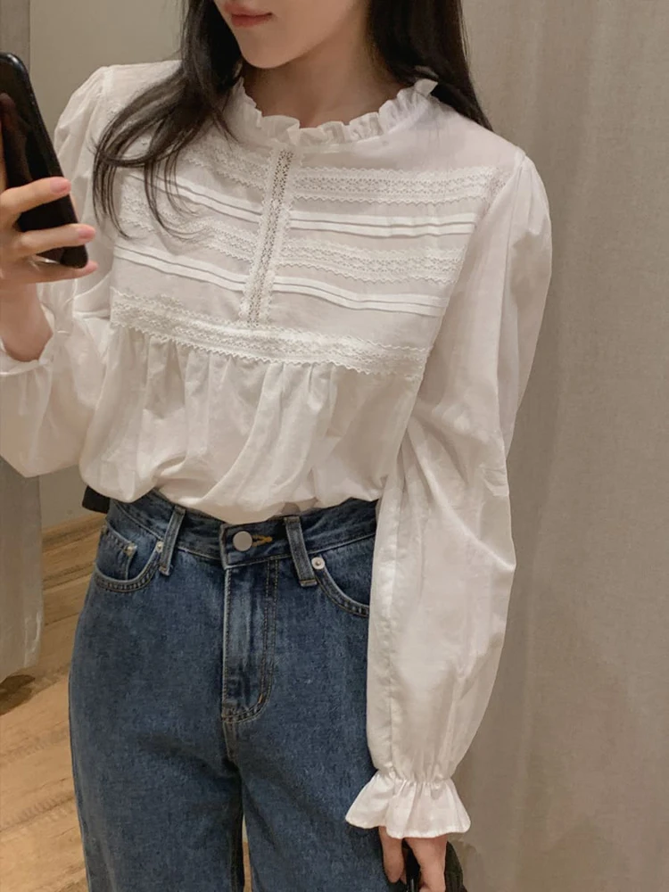 

Blouse Women Spring 2024 Cute Office Lady Long Sleeve Solid Loose Knitted Lace Folds Blusas Womens Tops And Blouses