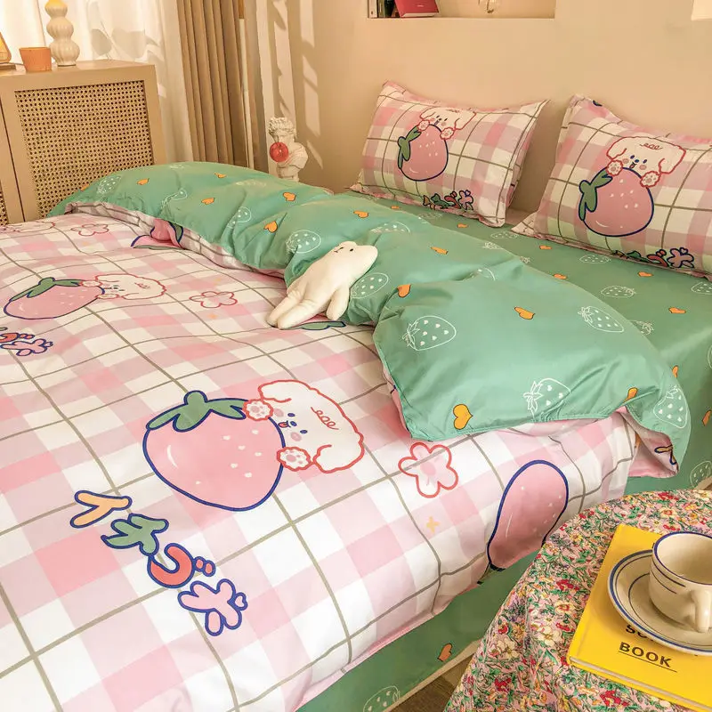 

Pink Bedding Set Cute Boys Girls Queen Double Size Cartoon Duvet Cover No Filling Pillowcases Sheet Kit for Adult Kids Gift