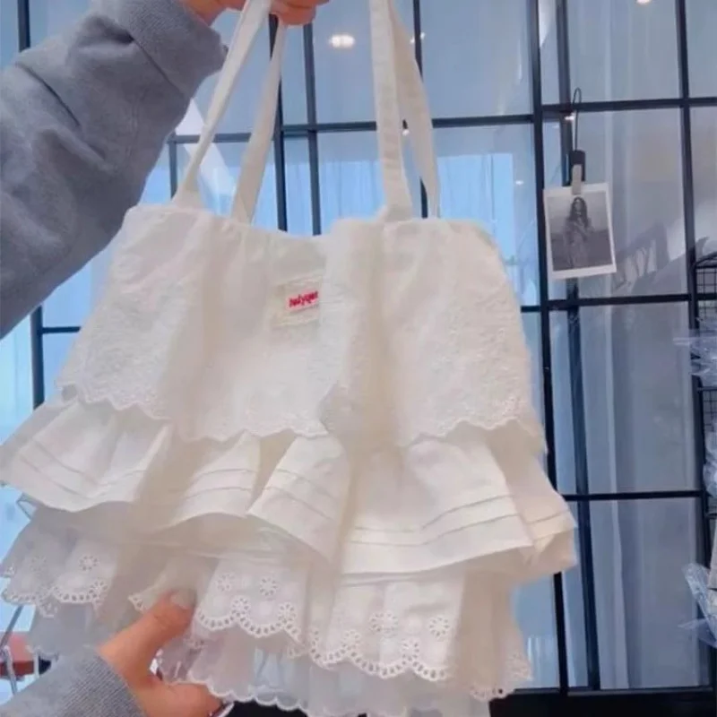 Charming Lace Trim Tote Bag for Women Spacious Layered Ruffle Shoulder Bag Fashionable Daily Commute Handbag