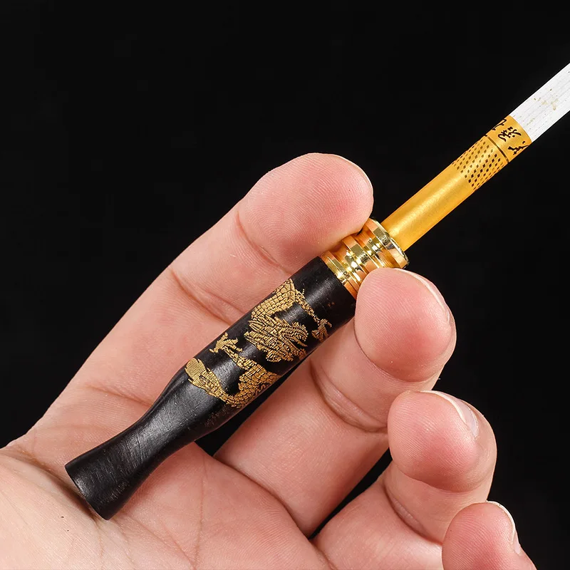 

Black sandalwood Carved dragon Cigarette Holder Dual-purpose Microfilter Smoke filter Circular Washable solid wood Tobacco Pipe