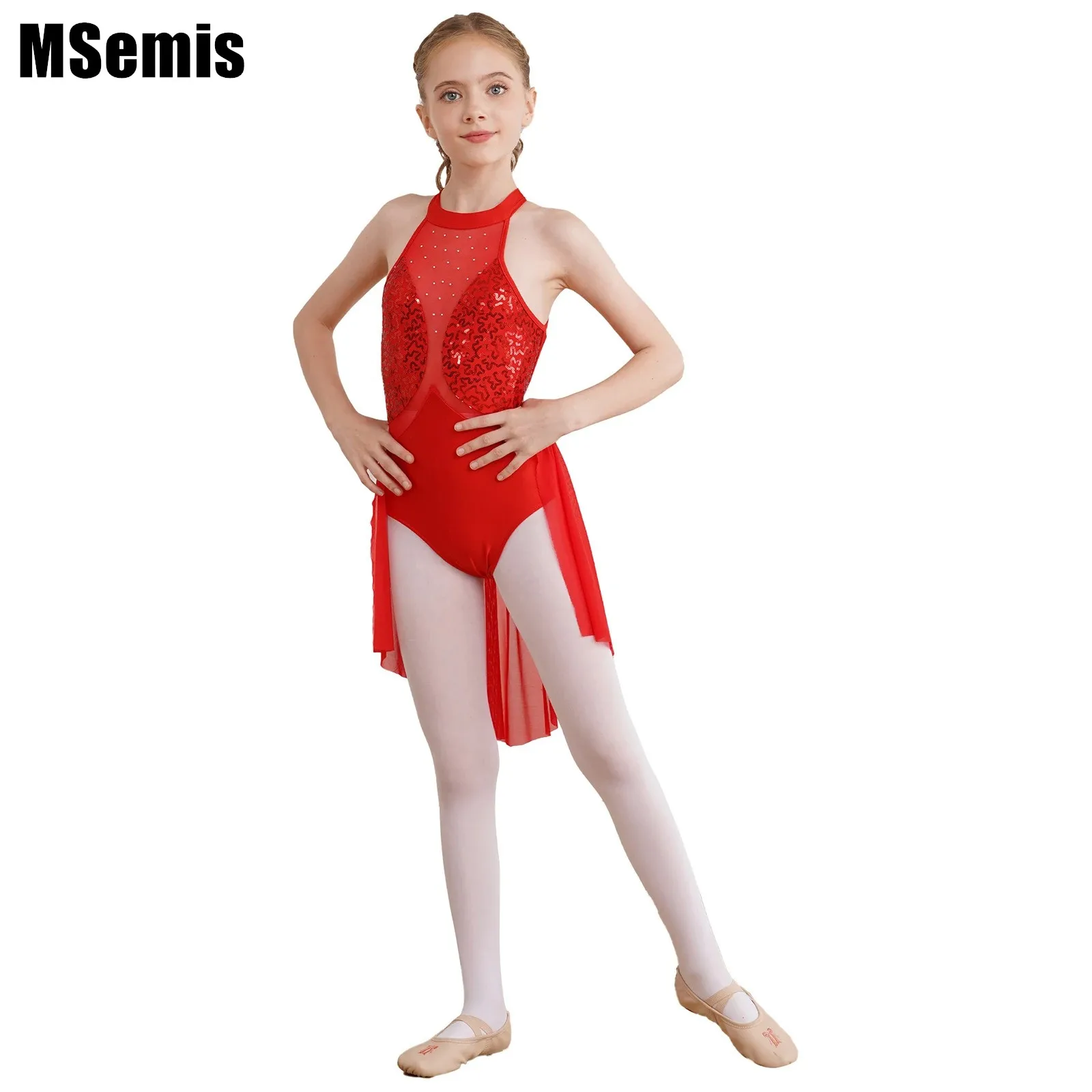 

Kids Girls Sequin Leotard Dress Sparkly Sheer Mesh Patchwork Dance Dress Keyhole Back Sleeveless Dresses for Figure Skating