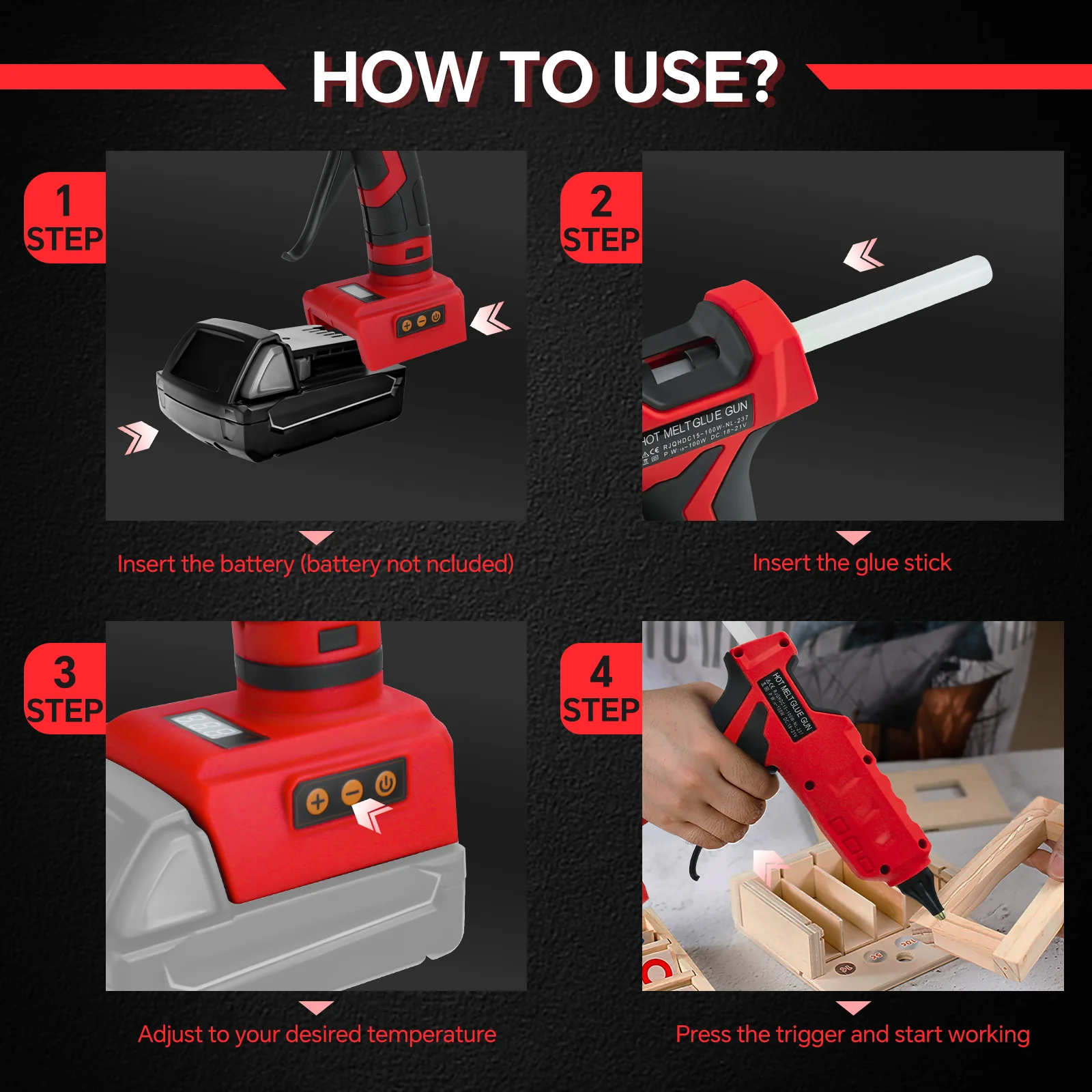 100W Cordless Hot Glue Gun Temp Adjust LCD Digital Display with 10Pcs 11mm Glue