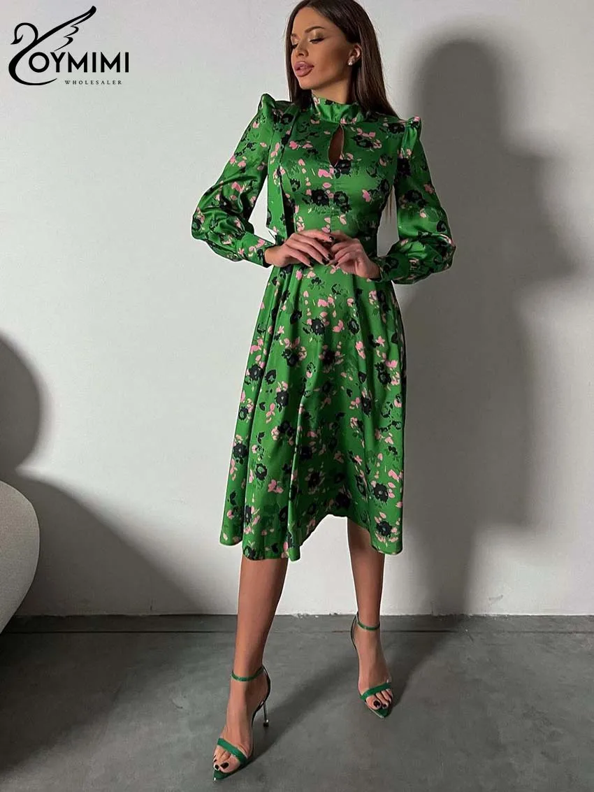 

Oymimi Elegant Green Print Women's Dress Fashion Turtleneck Long Sleeve Dresses Casual Side Slit Hollow Out Mid-Calf Dresses