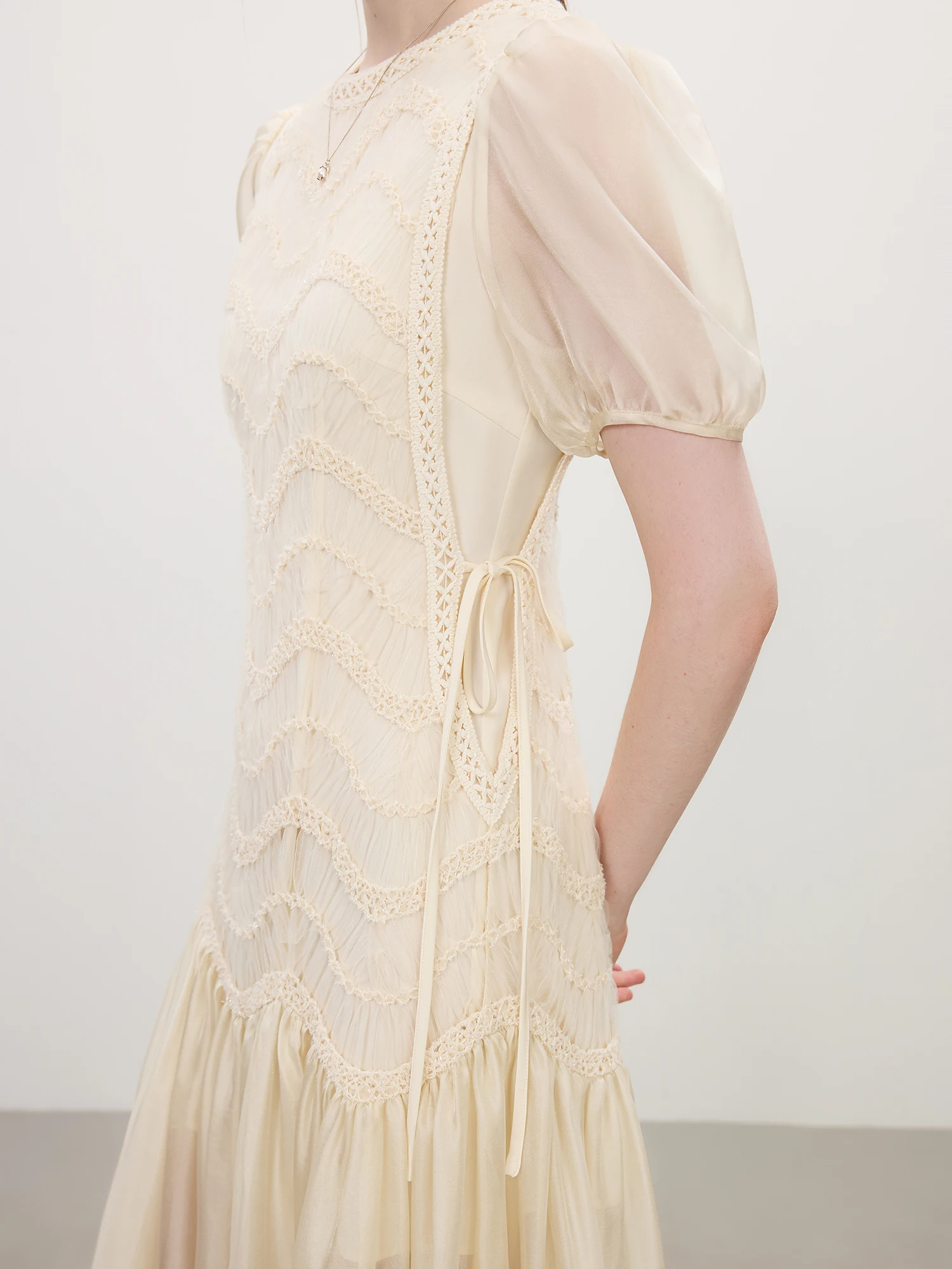 FSLE 2025 Summer Women's Mesh Embroidery Dress Hollow Out Splicing Bubble Sleeves Waist Tie Y2K Trendy Boho Chic 25FS12832 4