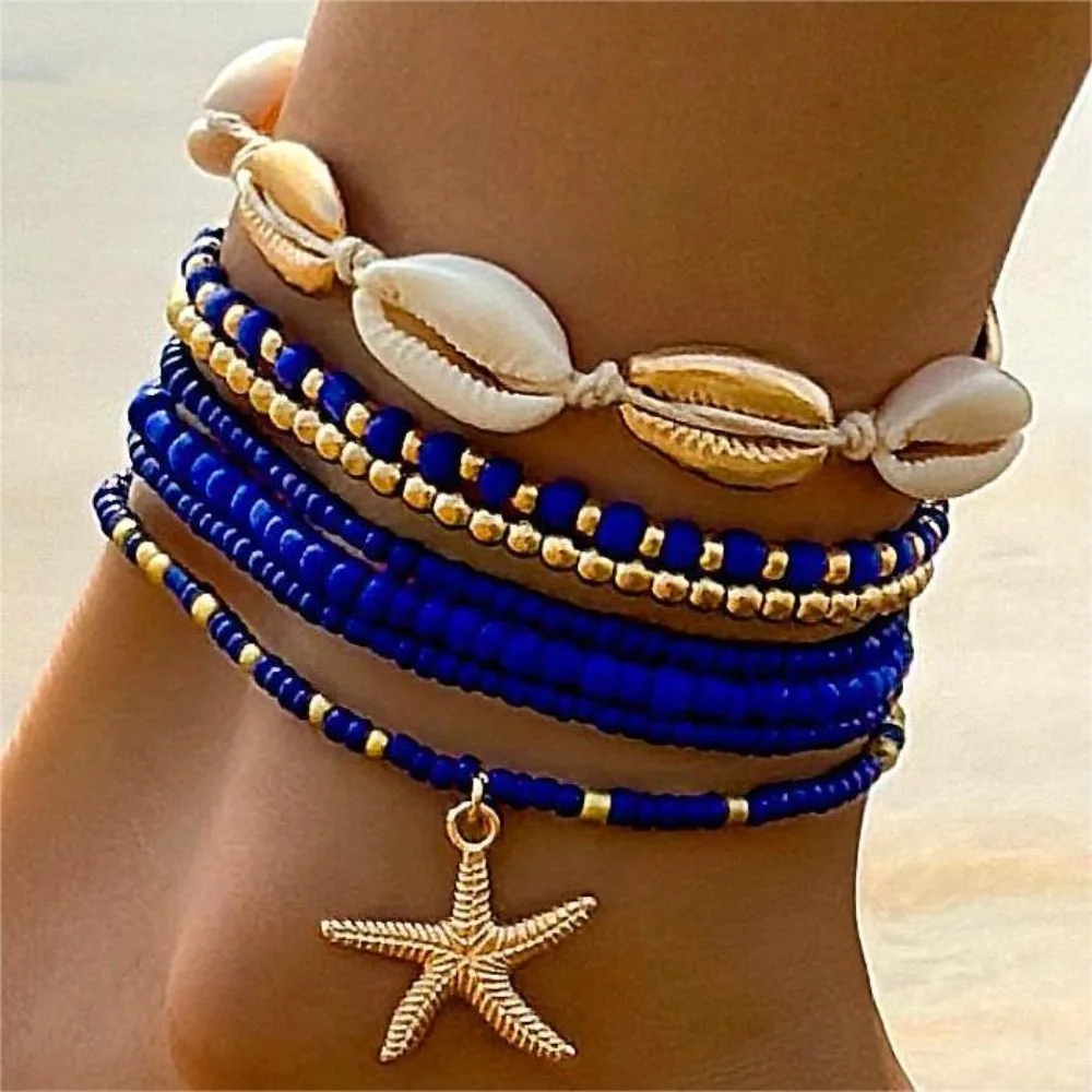 Bohemian Beach Rice Beads Elastic Anklet Charm Alloy Anklet Set 7pcs 16.54/2.76in Stretch Holiday Starfish Multi-layer ankle chains silver anklet bracelet beads anklet fashion accessories bead bracelet