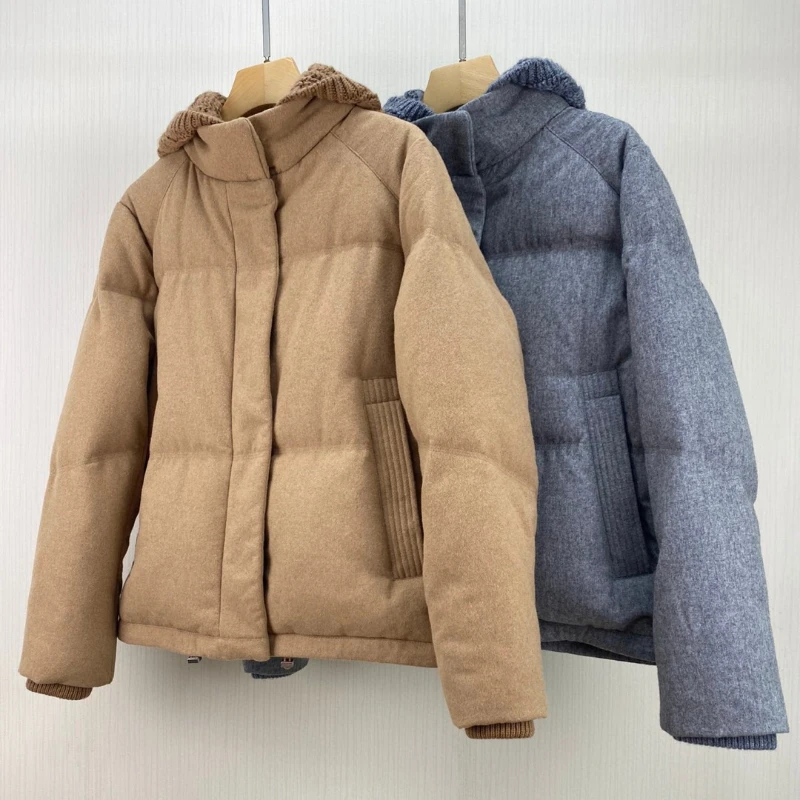 

2023 New Autumn and Winter Hooded Zipper Detachable Cashmere Knitted Goose Down Down Jacket for Women