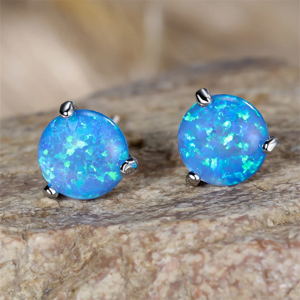 Blue Opal Small Round Stone Stud Earring Trendy 3 Claw Screw Back Earrings For Women Classic Silver Color Wedding Jewelry Gifts