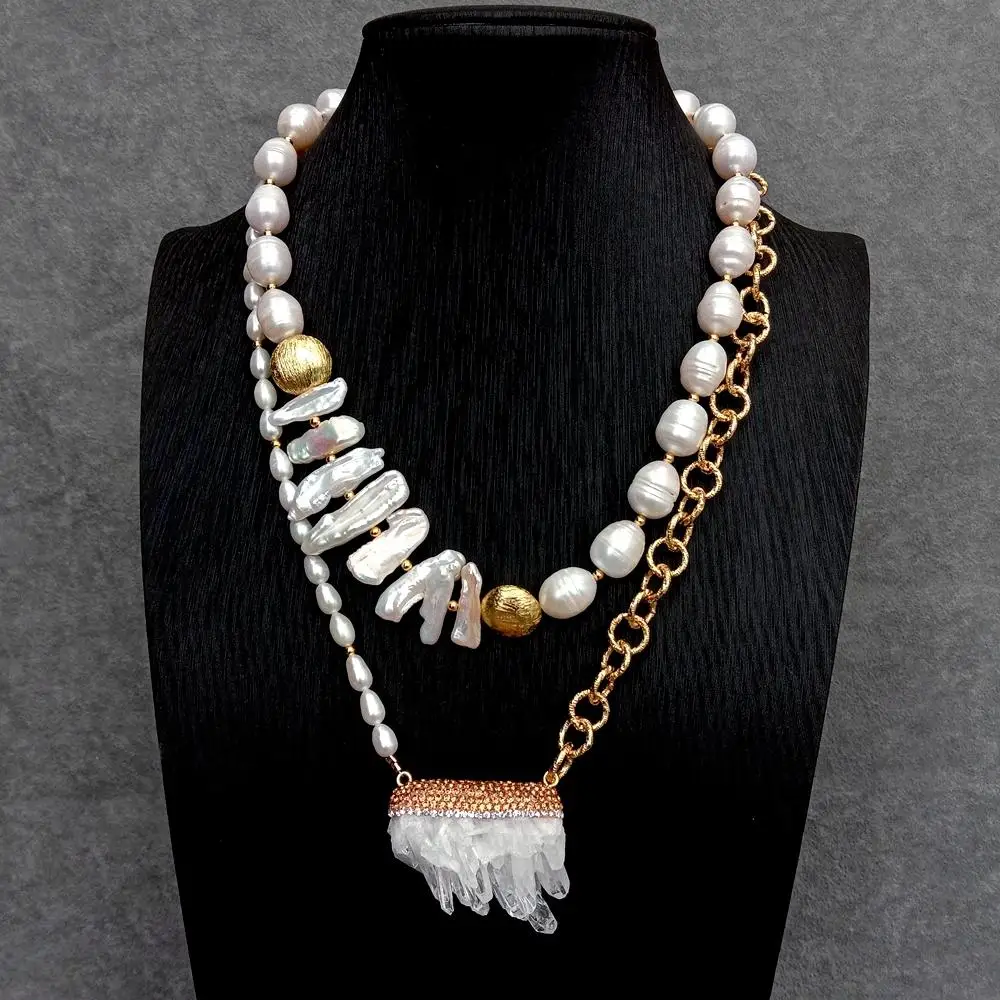 

Y.YING Freshwater Cultured White Rice Pearl Biwa Pearl Necklace Natural Quartz Druzy Pendant Gemstone Handmade Jewelry