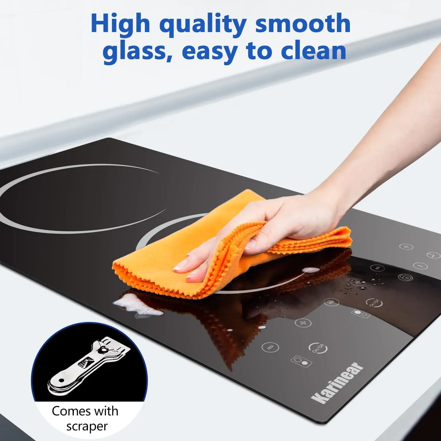 Karinear 110V Electric Cooktop 2 Burner-12 Inch Plug in, Countertop & Built-in Ceramic Cooktop, 2000W, Residual Heat Indicator