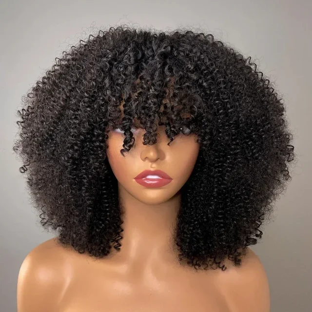 Perruques Afro crépues bouclées avec frange 200% densité brésilienne Remy cheveux humains pleine Machine faite perruques courtes Afro bouclés perruques pour les femmes 1
