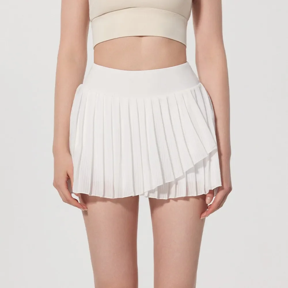 Summer Women's Pleated Tennis Skirt Inner Pocket Cross Fork Design Elastic Waist Golf Dancing Fake 2 Pieces Sports Skirt