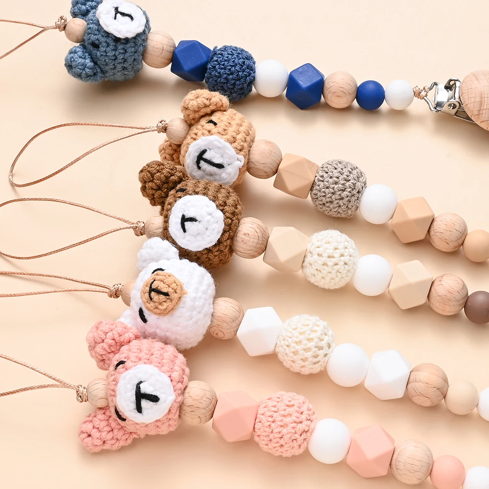2Pcs Baby Nipple Chain Care Toy Baby Beech Wood Pacifier Clip  Cartoon Animal Felt Ball Beaded Dummy Holder Chain For Anti-drop 3
