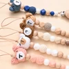 2Pcs Baby Nipple Chain Care Toy Baby Beech Wood Pacifier Clip  Cartoon Animal Felt Ball Beaded Dummy Holder Chain For Anti-drop 3