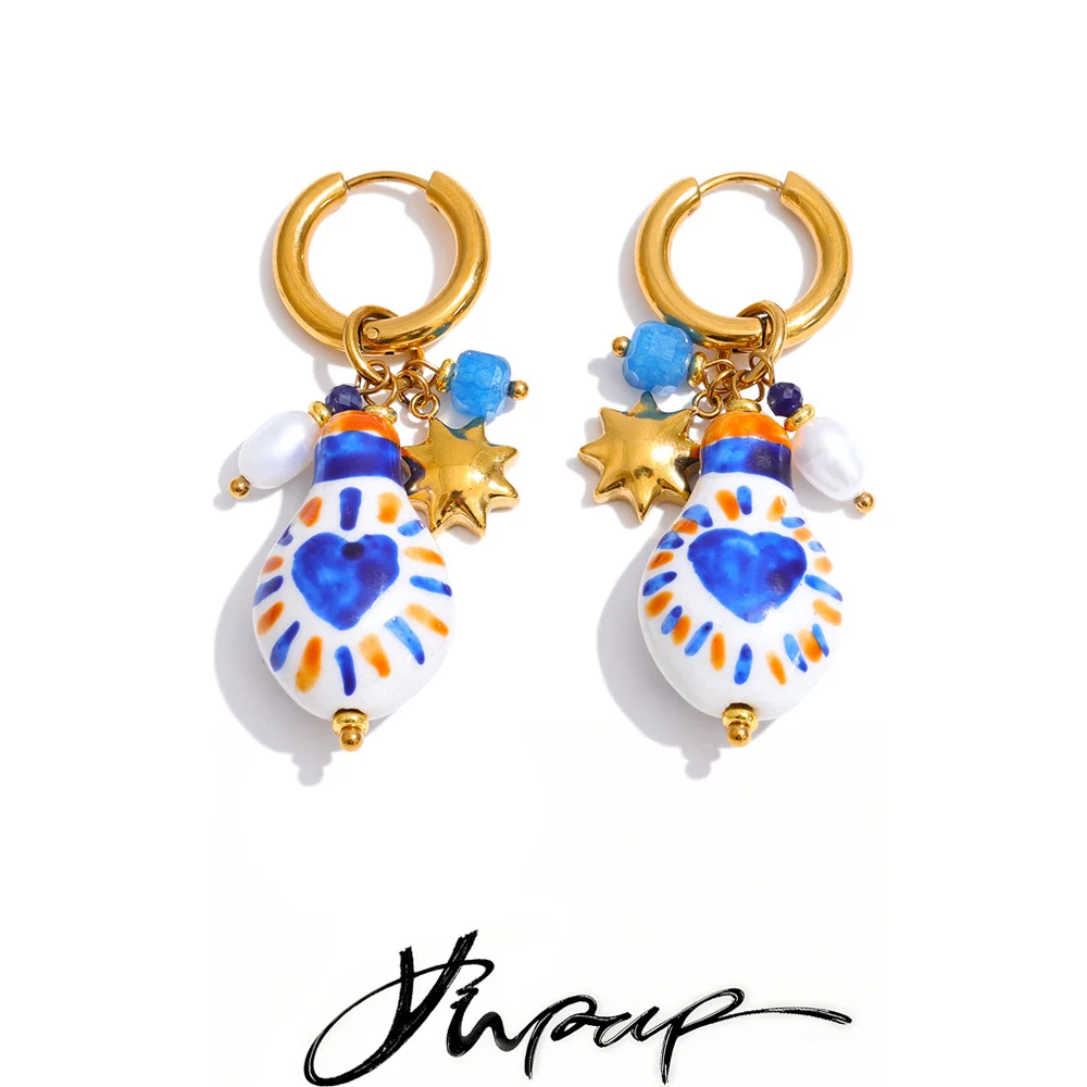 Yhpup France Earrings Ceramic Heart Star Drop Hoop