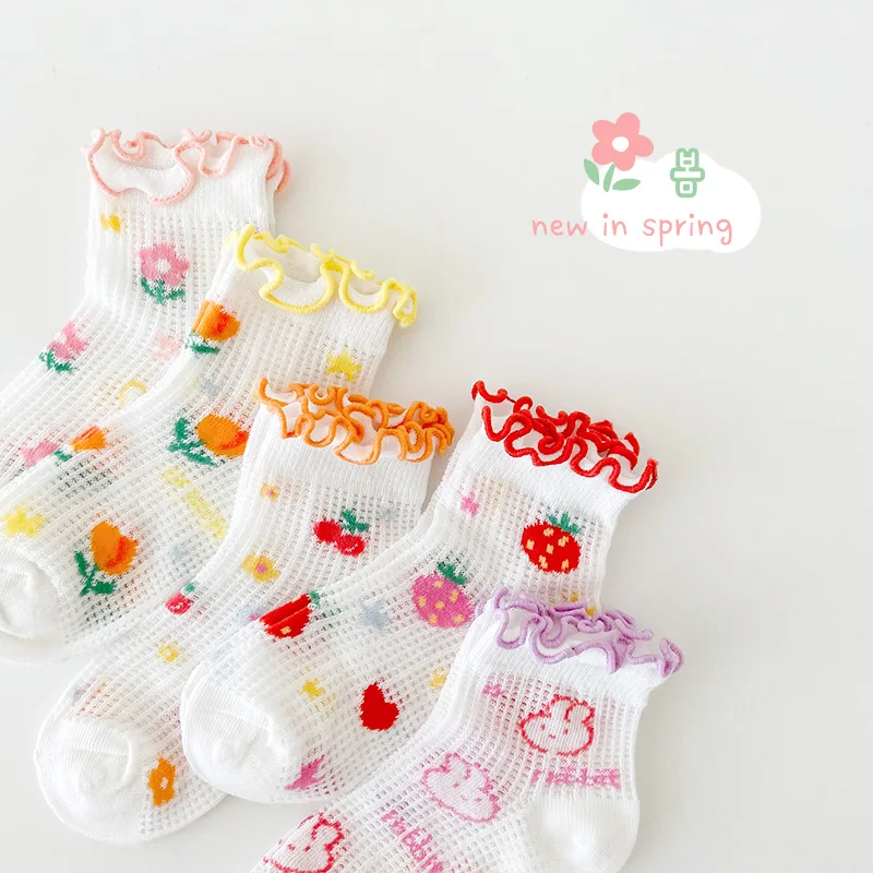 

5 pairs Children's socks wholesale spring and summer thin style cherry baby mesh socks wooden ear edge cotton breathable girls s