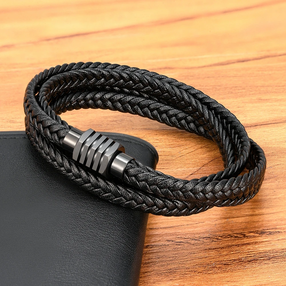 Two Layers Braided Rope Leather Bracelet For Men