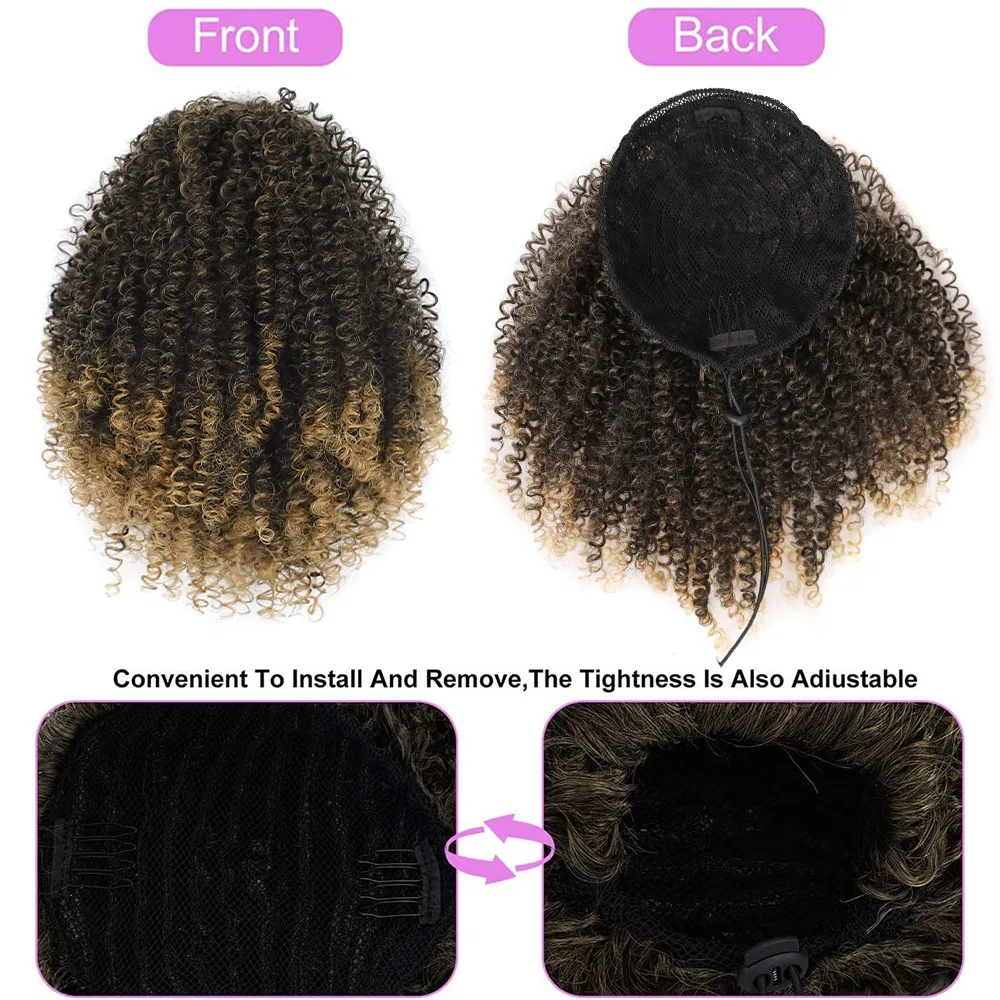 Synthetic Curly Ponytail Afro Kinky Curly Drawstring Ponytail 10" Clip In Hair Extension Short Hair Bun Chignon Hairpieces