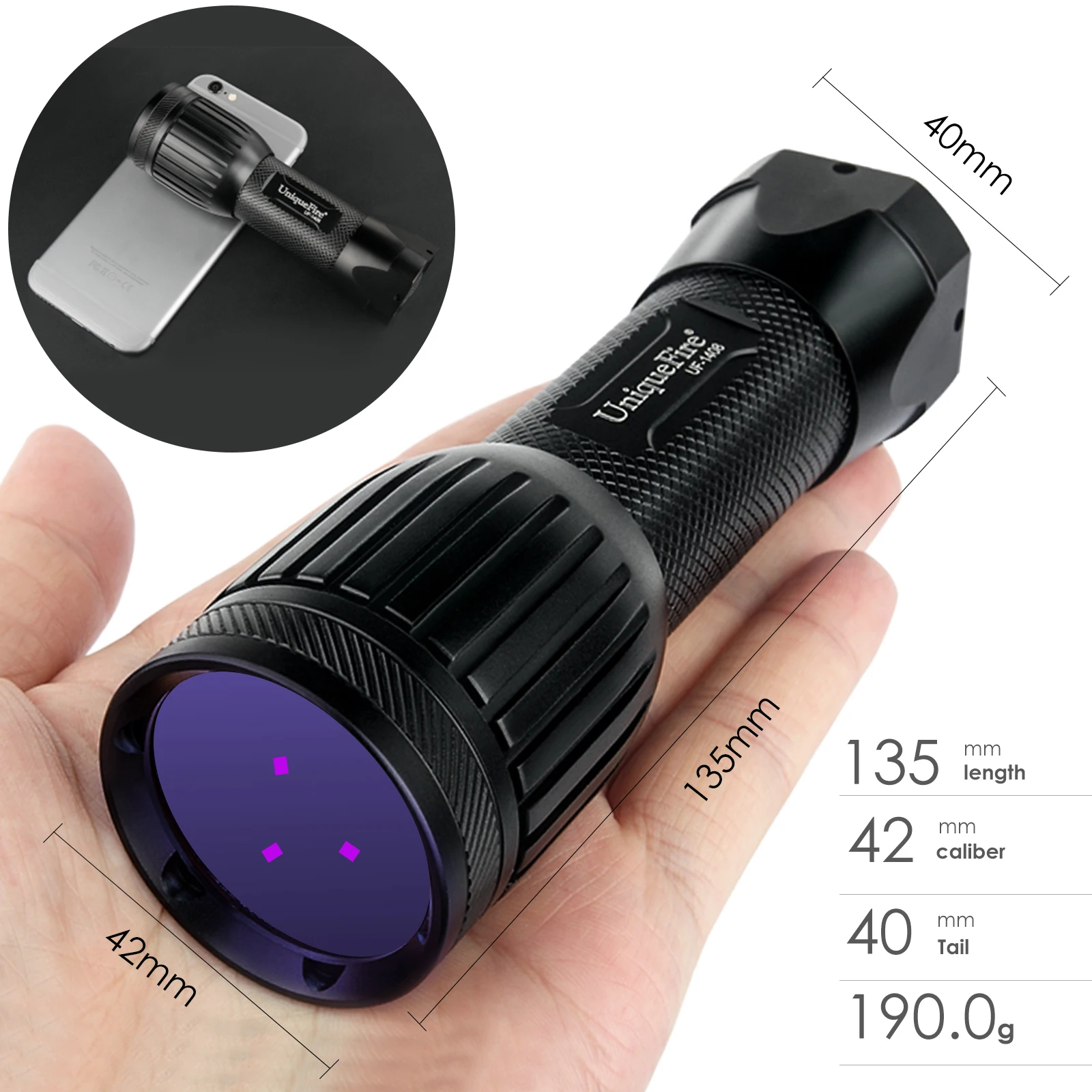 UniqueFire 자외선 1408, UV365NM, UV395NM, 블랙 LED 손전등, 단일 모드, 위조 돈, 스팟 전갈 감지