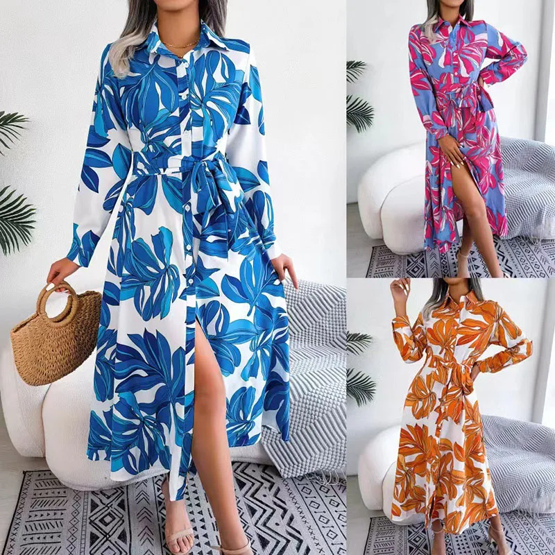 

2024autumn Fashion Turndown Collar Print Women Maxi Dress Casual Loose Long Sleeve Belt Bandage Lady T Shirt Long Dress Vestidos