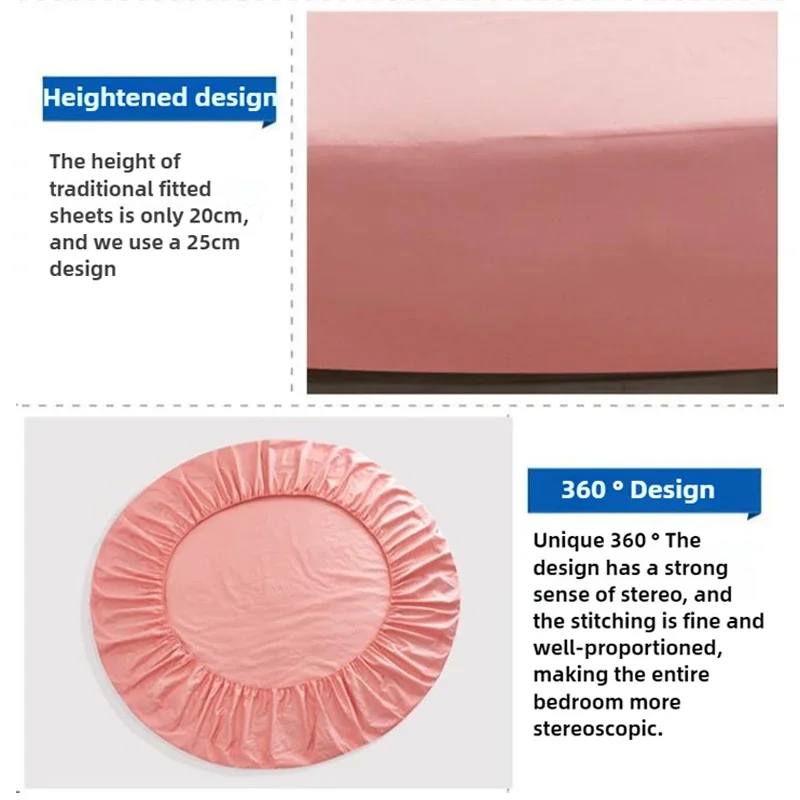 1/3PCS Cotton Fitted Sheet with Elastic Band Bed Linen for Round Mattress Cover Solid Color Queen Size Bedspread with Pillowcase 6