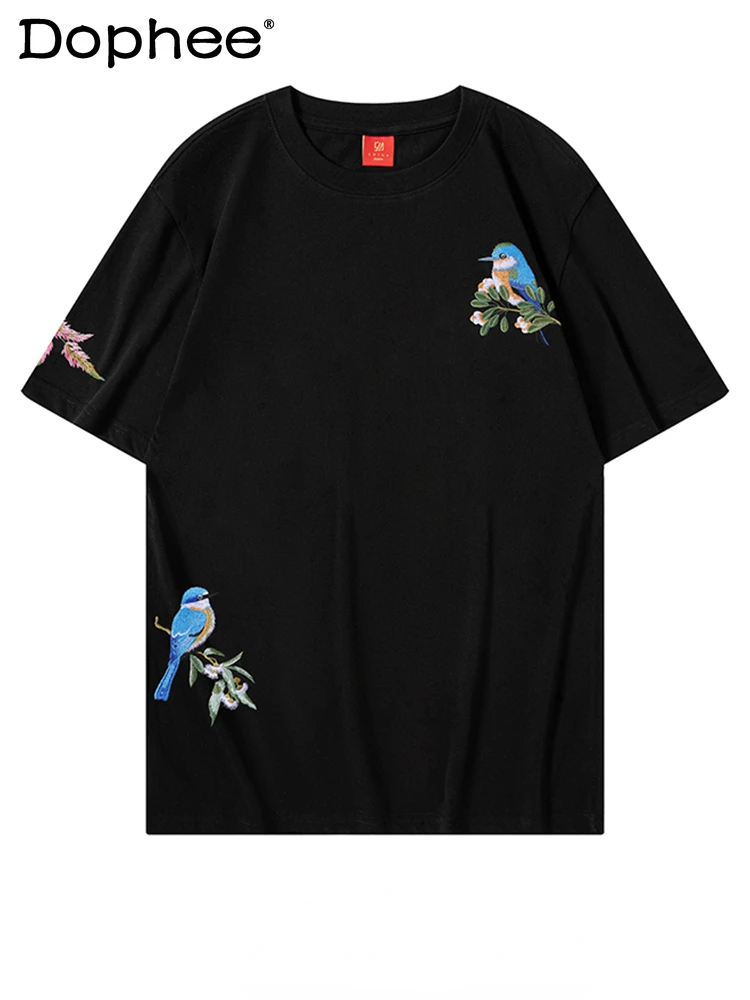 

Fashion Men's Round Collar Short-Sleeve T-shirt Flowers Birds Embroidery 2024 New T-Shirts Trendy Male Summer Cotton T-shirts